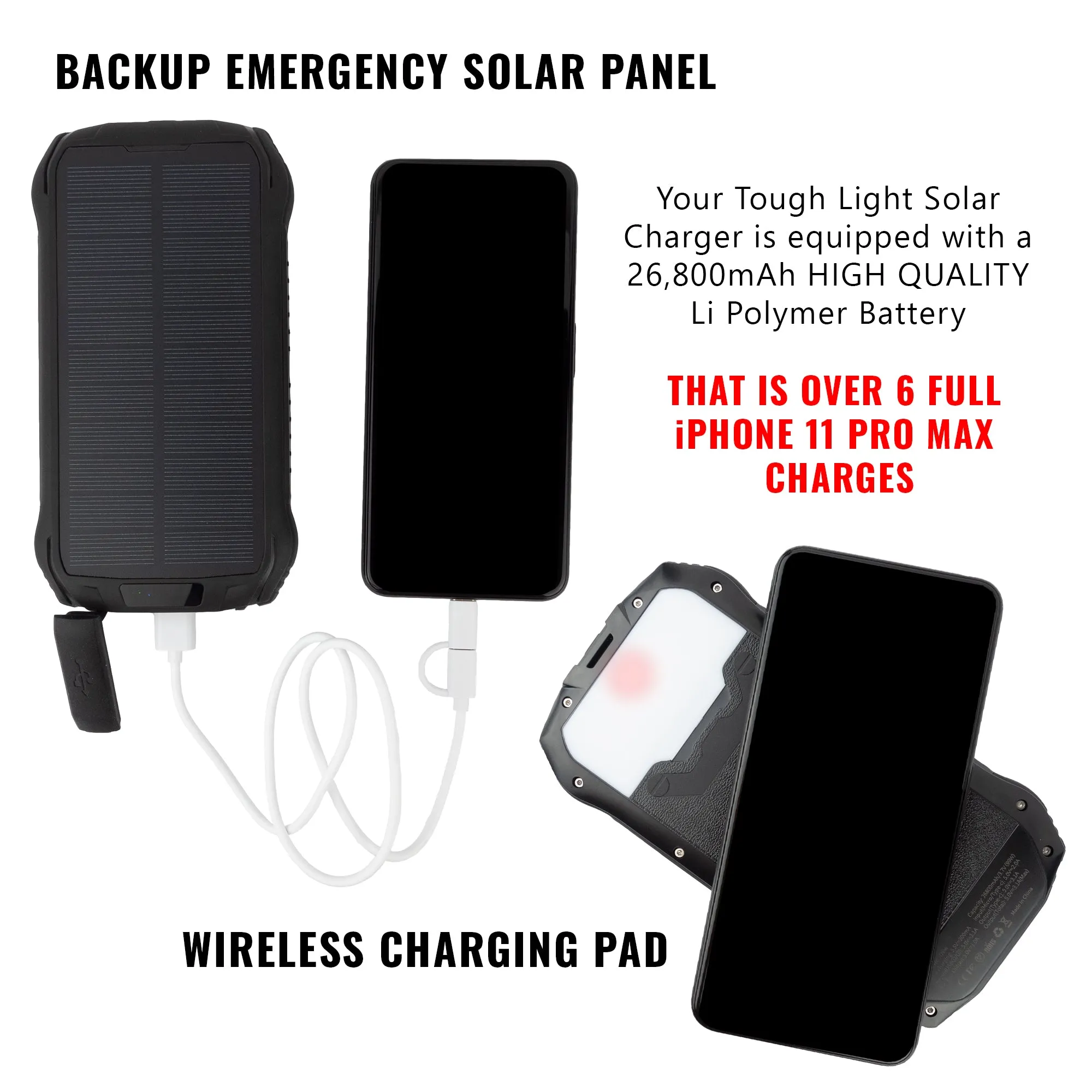 [ Bulk Pack of 10 ] Tough Light i26W USB Solar Power Bank Charger - 26,800 mAh Li Polymer - 2 AMP High Speed Cable Included