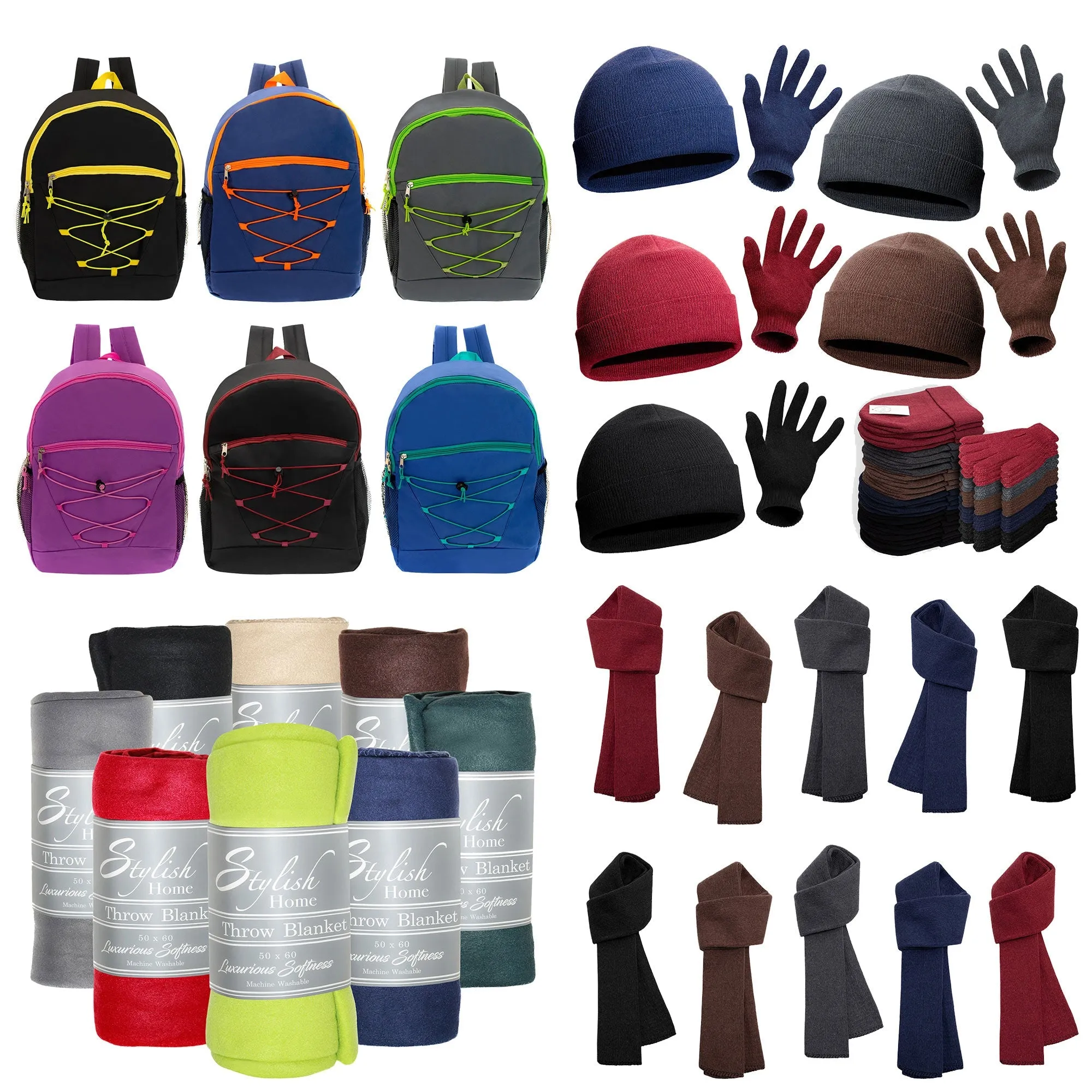 12 Bungee 17" Backpacks in 6 Colors & Your Choice of 12 Winter Item Sets - Wholesale Care Package: Homeless, Emergency, Charity