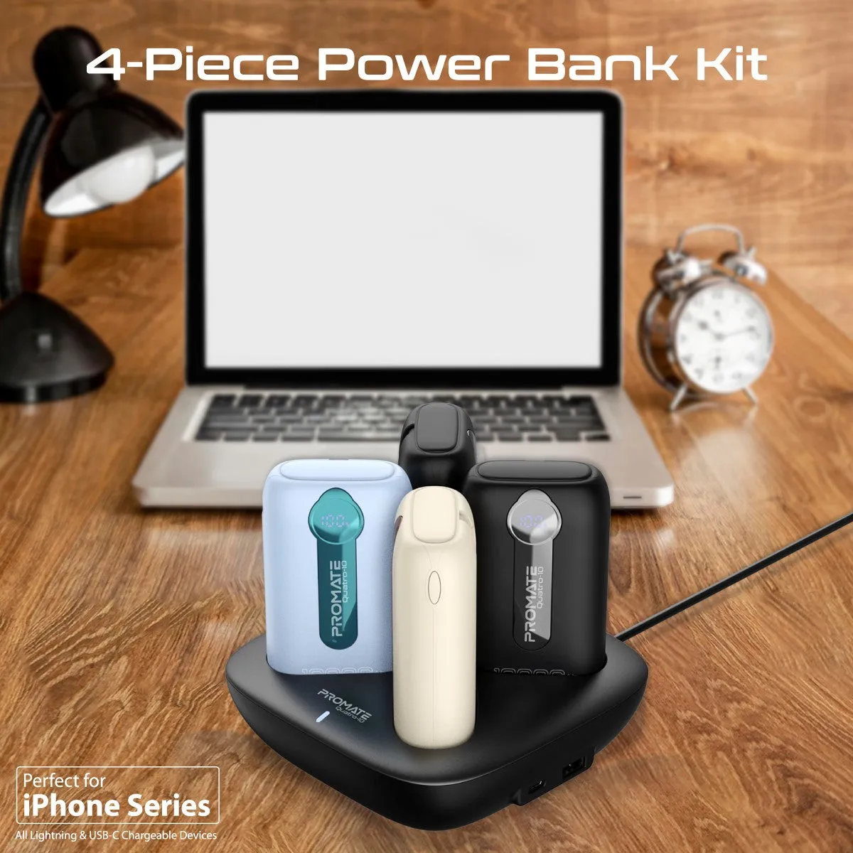 4-Piece 10000mAh Power Bank Charging Set with In-Built USB-C and Lightning Cables