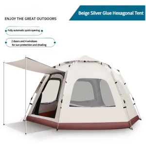 5-8 Person Hexagonal Camping Tent | Double-Layer | Silver Coated Waterproof Shelter | With Awning | 280280158cm