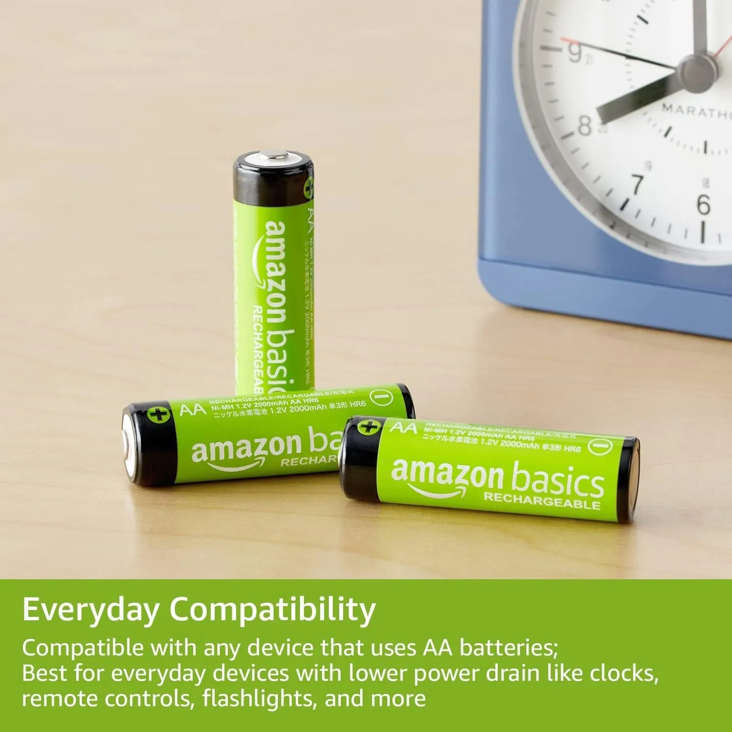 Amazon Basics 8-Pack Rechargeable AA NiMH Batteries, 2000 mAh, Recharge up to 1000x Times, Pre-Charged