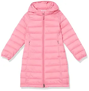 Amazon Essentials Girls' Long Lightweight Hooded Puffer Jacket, Bright Pink, X-Small