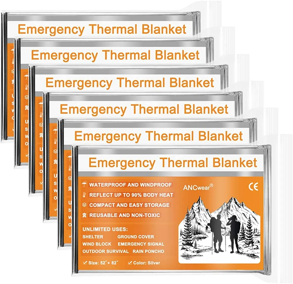 ANCwear Emergency Blankets Pack-6,Foil Mylar Thermal Blankets Space Blanket 52"x82" for Outdoors,Hiking,Survival,or First Aid King (U.K. Standard) 6_silver