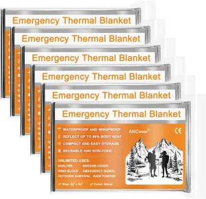ANCwear Emergency Blankets Pack-6,Foil Mylar Thermal Blankets Space Blanket 52"x82" for Outdoors,Hiking,Survival,or First Aid King (U.K. Standard) 6_silver