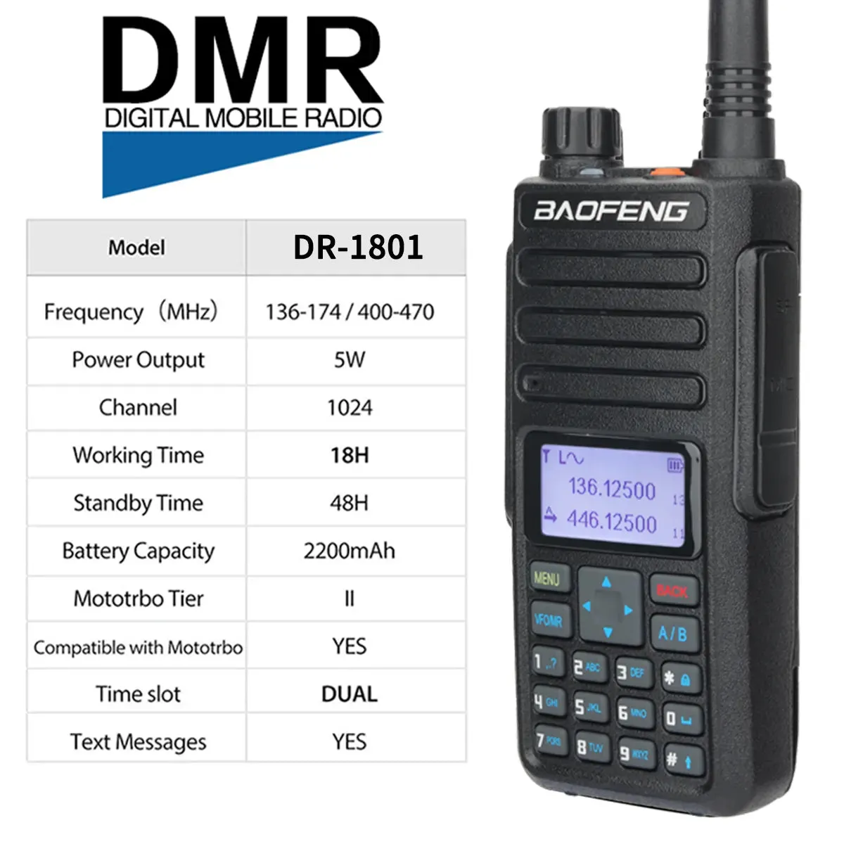 Baofeng DR-1801 Long Range Dual Band DMR Digital/Analog Walkie Talkie Tier 1&2 tier II Dual Time Slot Upgrade Of DM-1801 Radio