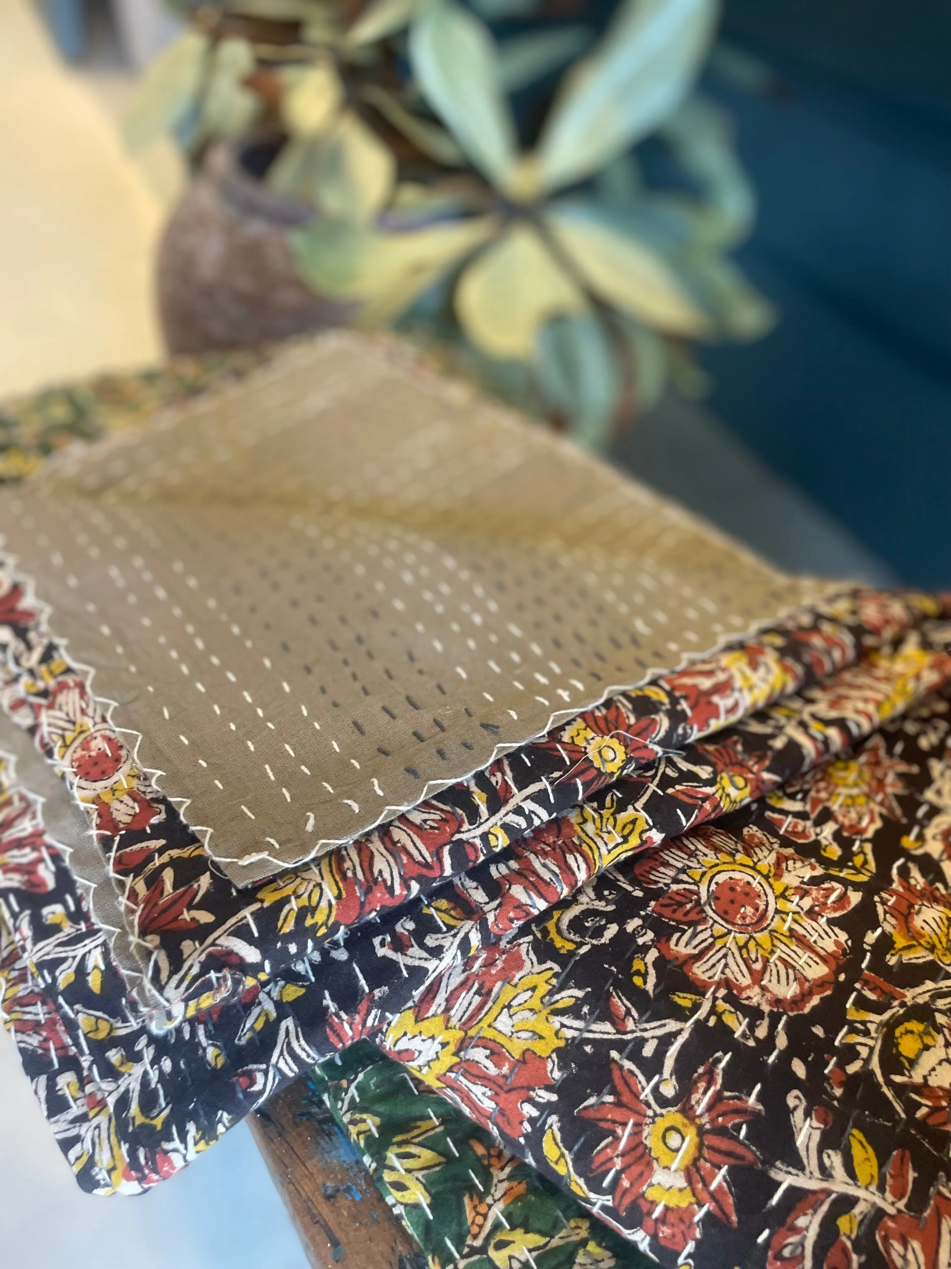 Block Printed Kantha Throw Blanket