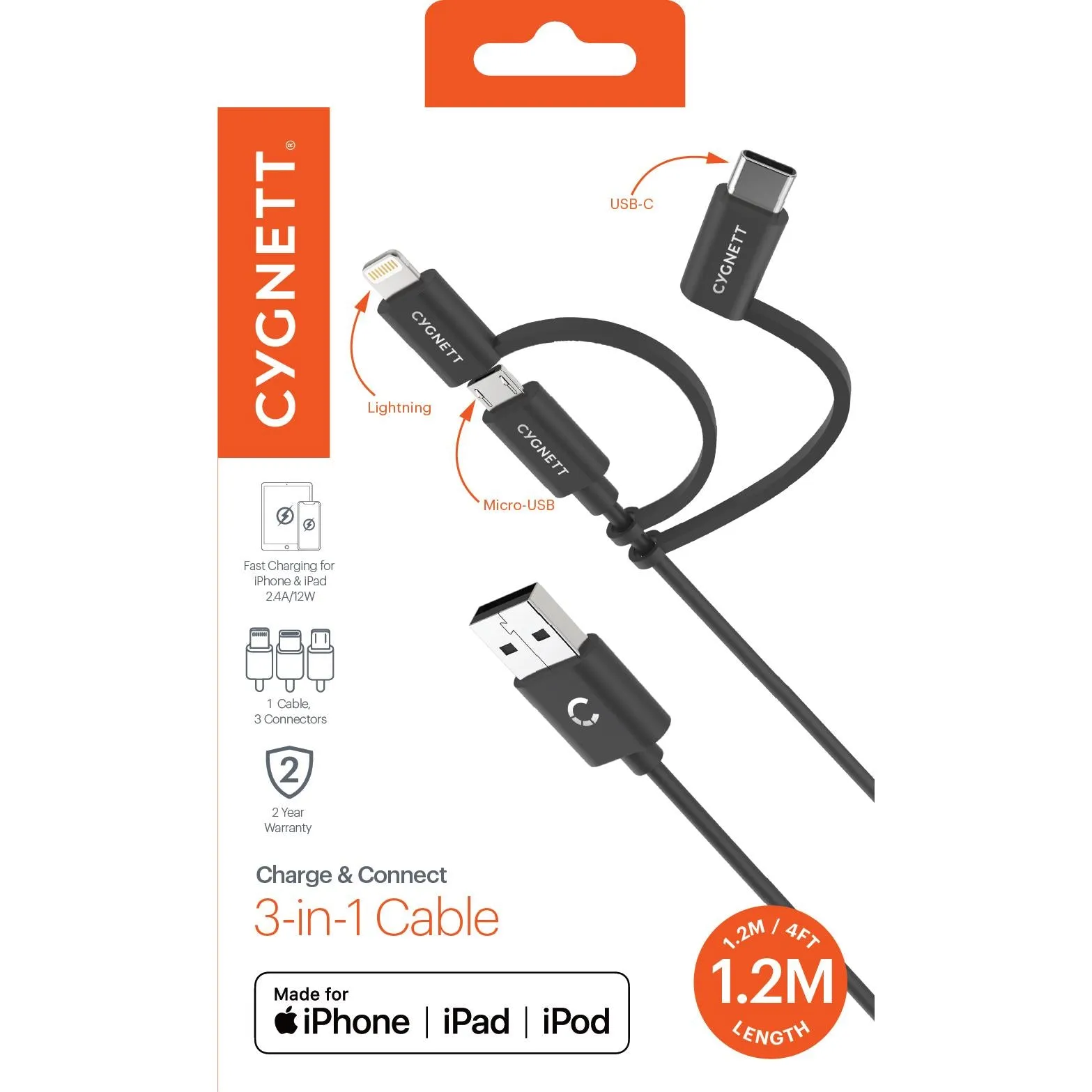 Cygnett Charge & Connect 3-in-1 Cable 1.2m (Black)