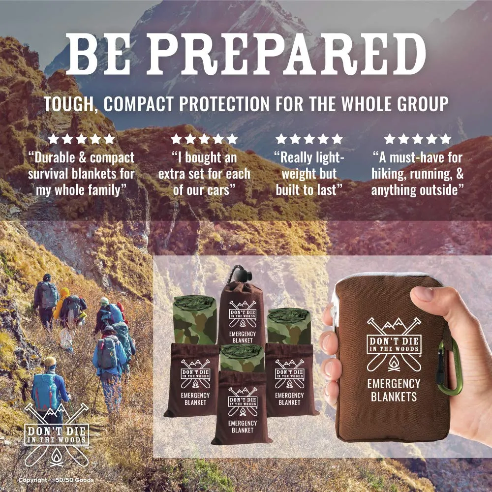Don't Die In The Woods World's Toughest Emergency Blankets | 4 Pack Extra Large Thermal Mylar Foil Space Blanket for Hiking, Marathon Running, First Aid Kits, Outdoor Survival Gear | Camo