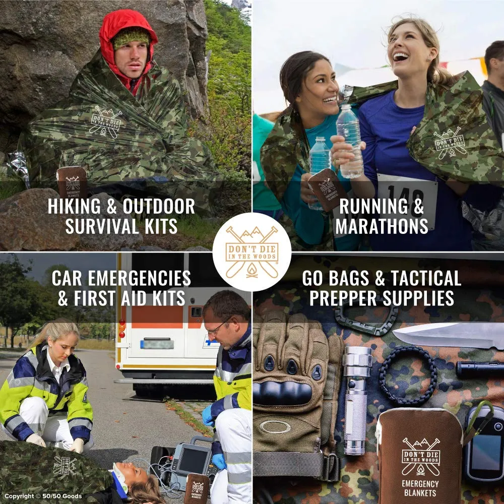 Don't Die In The Woods World's Toughest Emergency Blankets | 4 Pack Extra Large Thermal Mylar Foil Space Blanket for Hiking, Marathon Running, First Aid Kits, Outdoor Survival Gear | Camo