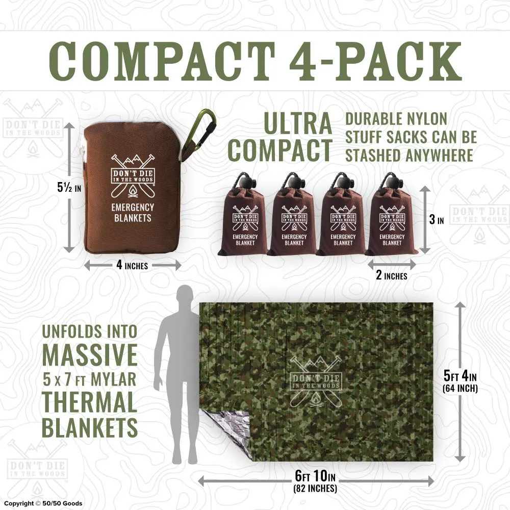 Don't Die In The Woods World's Toughest Emergency Blankets | 4 Pack Extra Large Thermal Mylar Foil Space Blanket for Hiking, Marathon Running, First Aid Kits, Outdoor Survival Gear | Camo