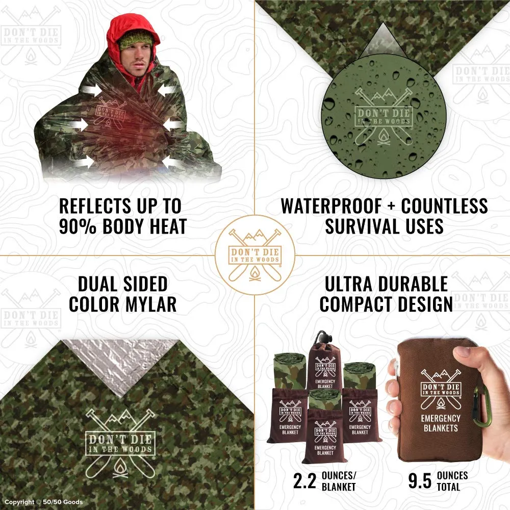 Don't Die In The Woods World's Toughest Emergency Blankets | 4 Pack Extra Large Thermal Mylar Foil Space Blanket for Hiking, Marathon Running, First Aid Kits, Outdoor Survival Gear | Camo