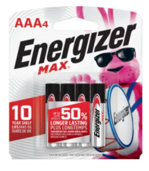 Energizer E92BP-4 Battery, 1.5 V Battery, 1250 mAh, AAA Battery, Alkaline, Manganese Dioxide, Zinc :EA: QUANTITY: 1