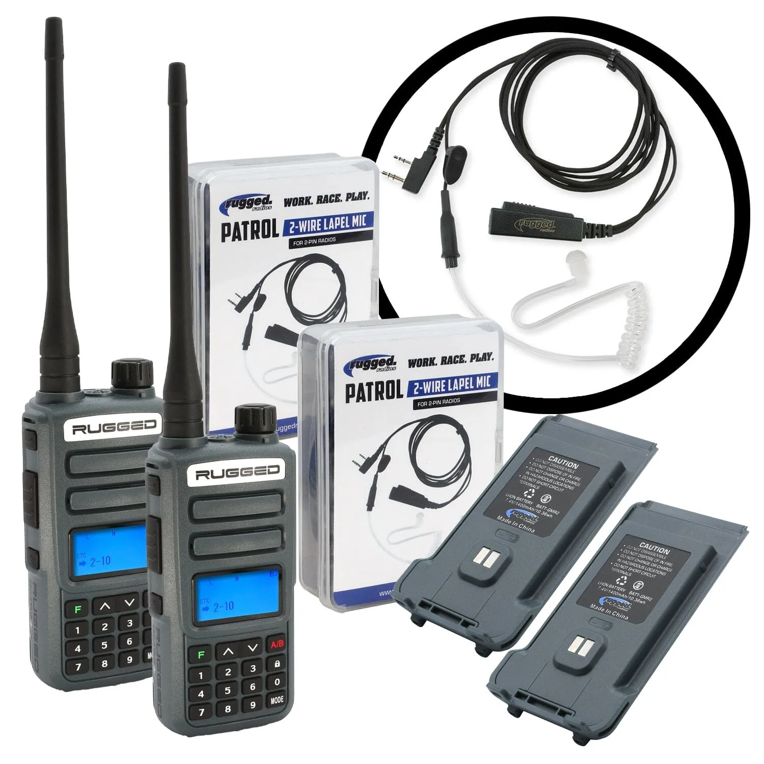 GREAT OUTDOORS PACK - GMR2 PLUS GMRS and FRS Two Way Handheld Radios with Lapel Mics and XL Batteries