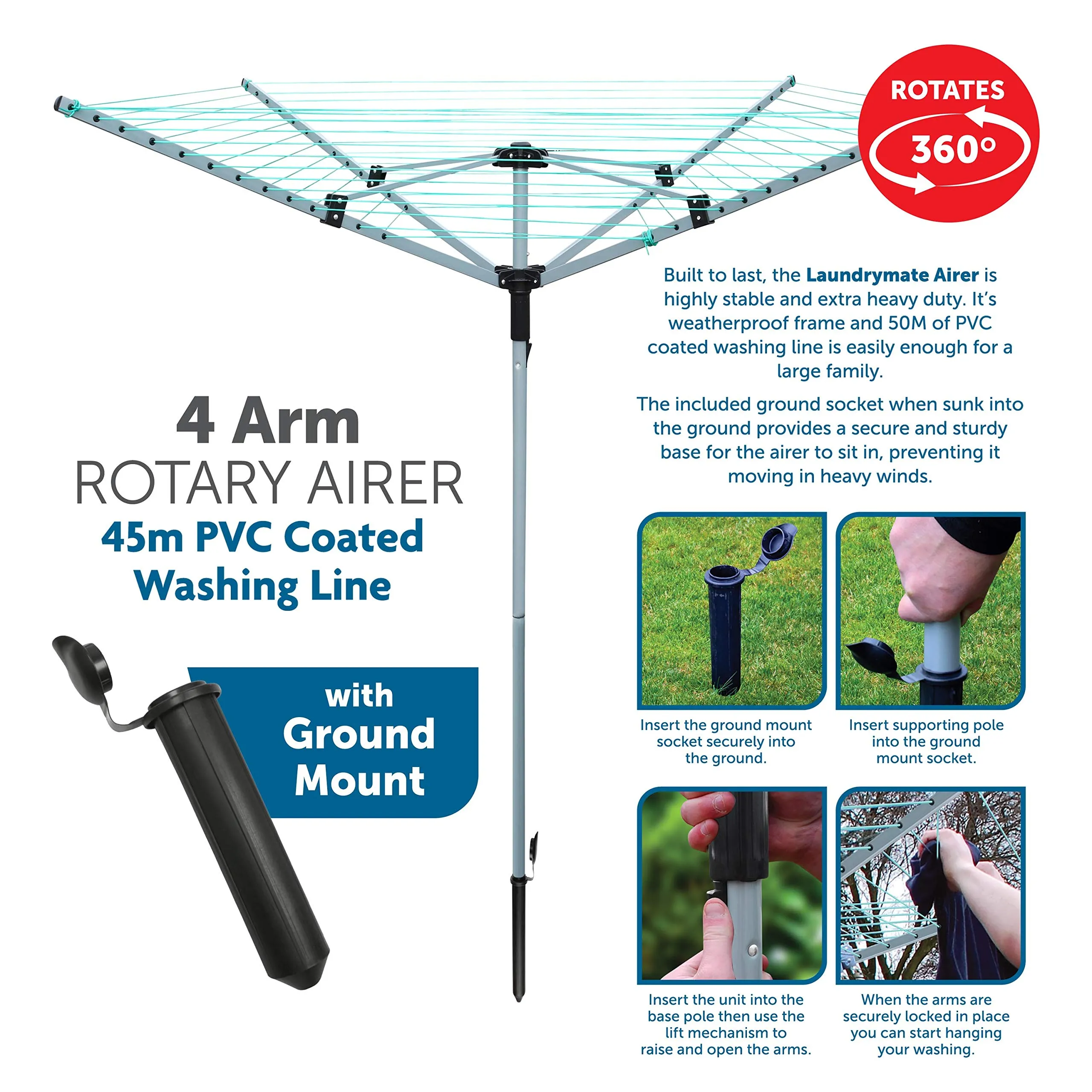 Laundry Mate Rotary Clothing Airer - Folding Washing Line - Outdoor Clothes Drying Rack - Washing Line & Ground Spike - 360 Degree Rotary Top (40m, 4 Arm)