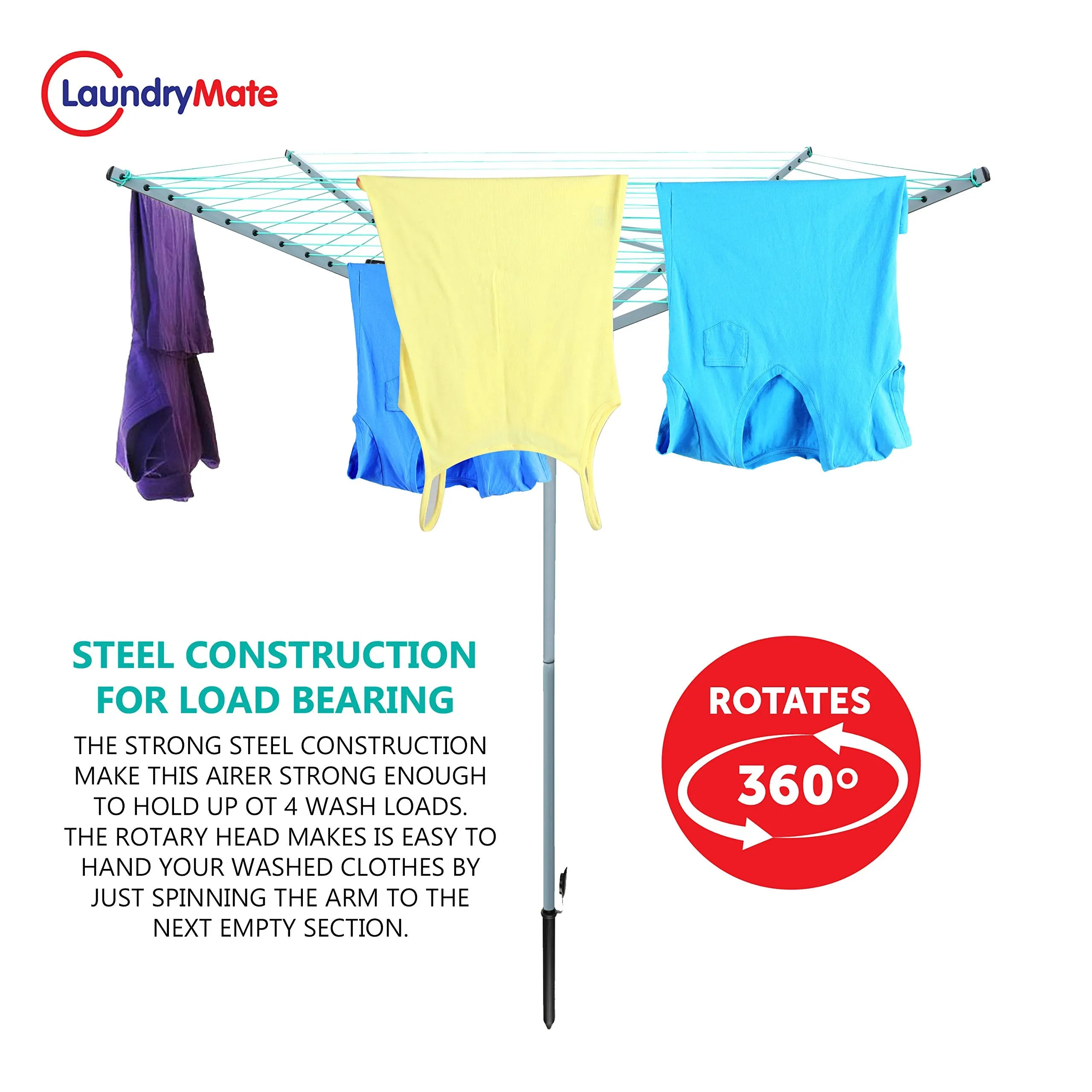 Laundry Mate Rotary Clothing Airer - Folding Washing Line - Outdoor Clothes Drying Rack - Washing Line & Ground Spike - 360 Degree Rotary Top (40m, 4 Arm)