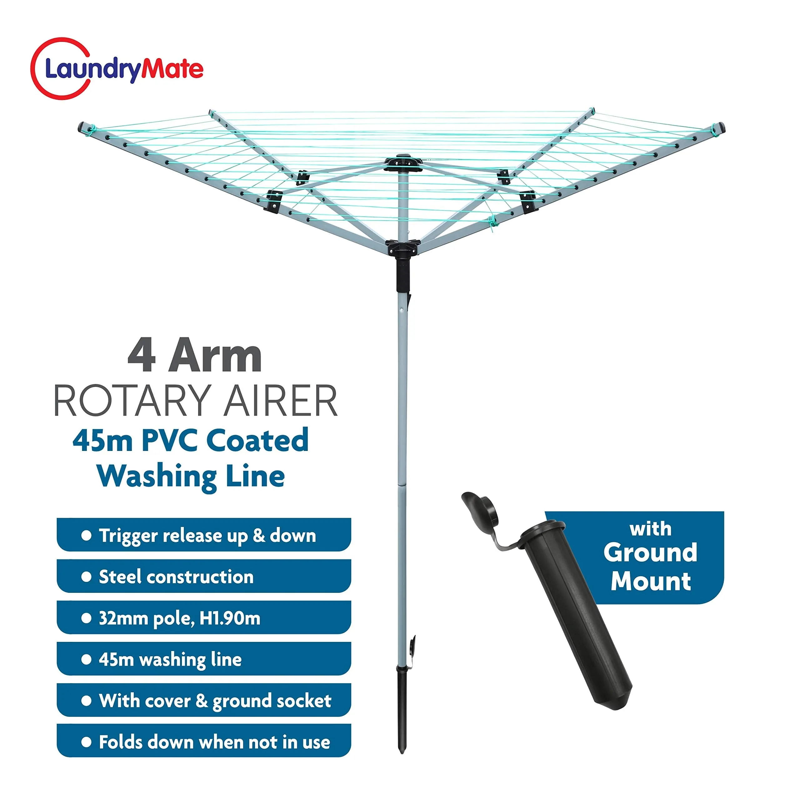 Laundry Mate Rotary Clothing Airer - Folding Washing Line - Outdoor Clothes Drying Rack - Washing Line & Ground Spike - 360 Degree Rotary Top (40m, 4 Arm)