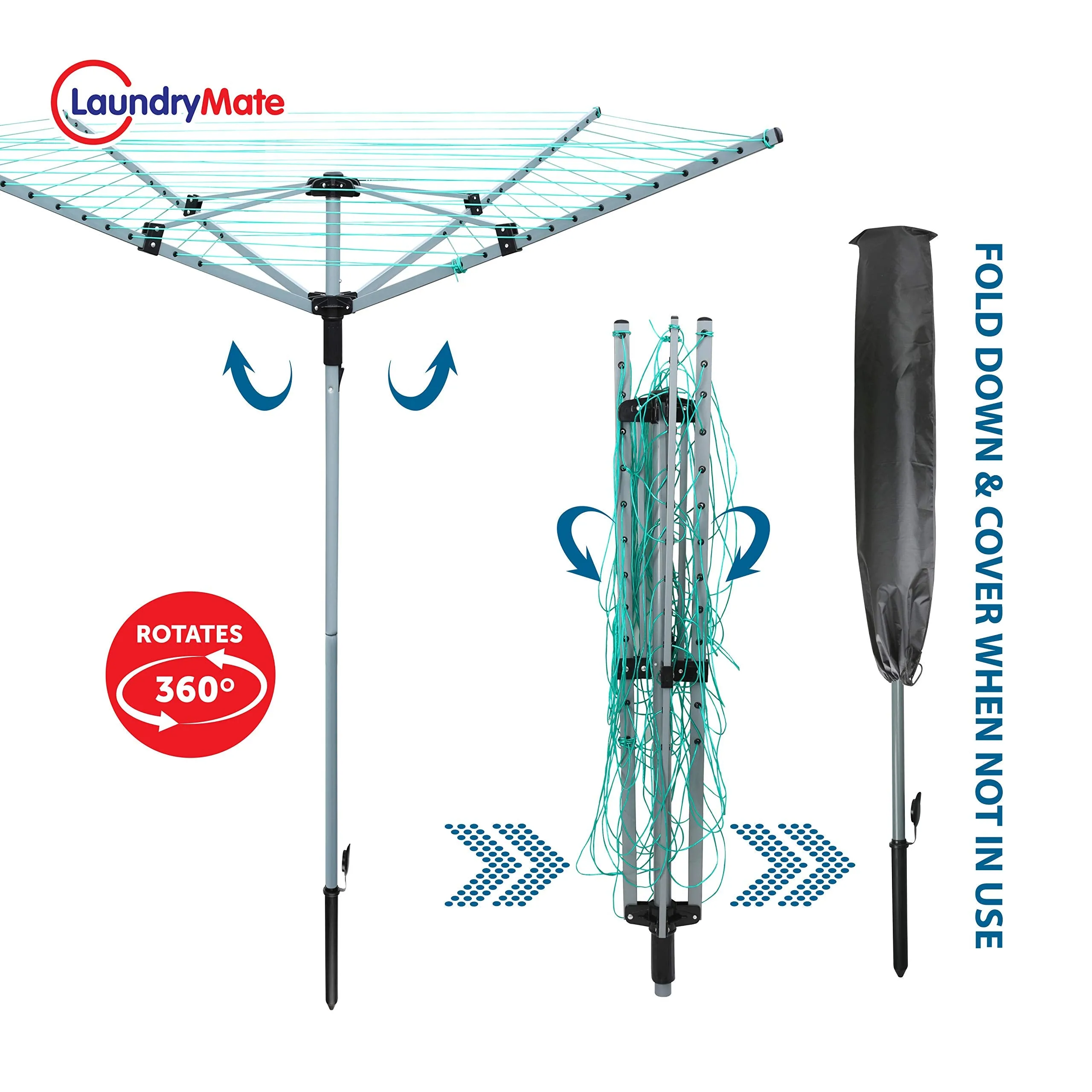 Laundry Mate Rotary Clothing Airer - Folding Washing Line - Outdoor Clothes Drying Rack - Washing Line & Ground Spike - 360 Degree Rotary Top (40m, 4 Arm)