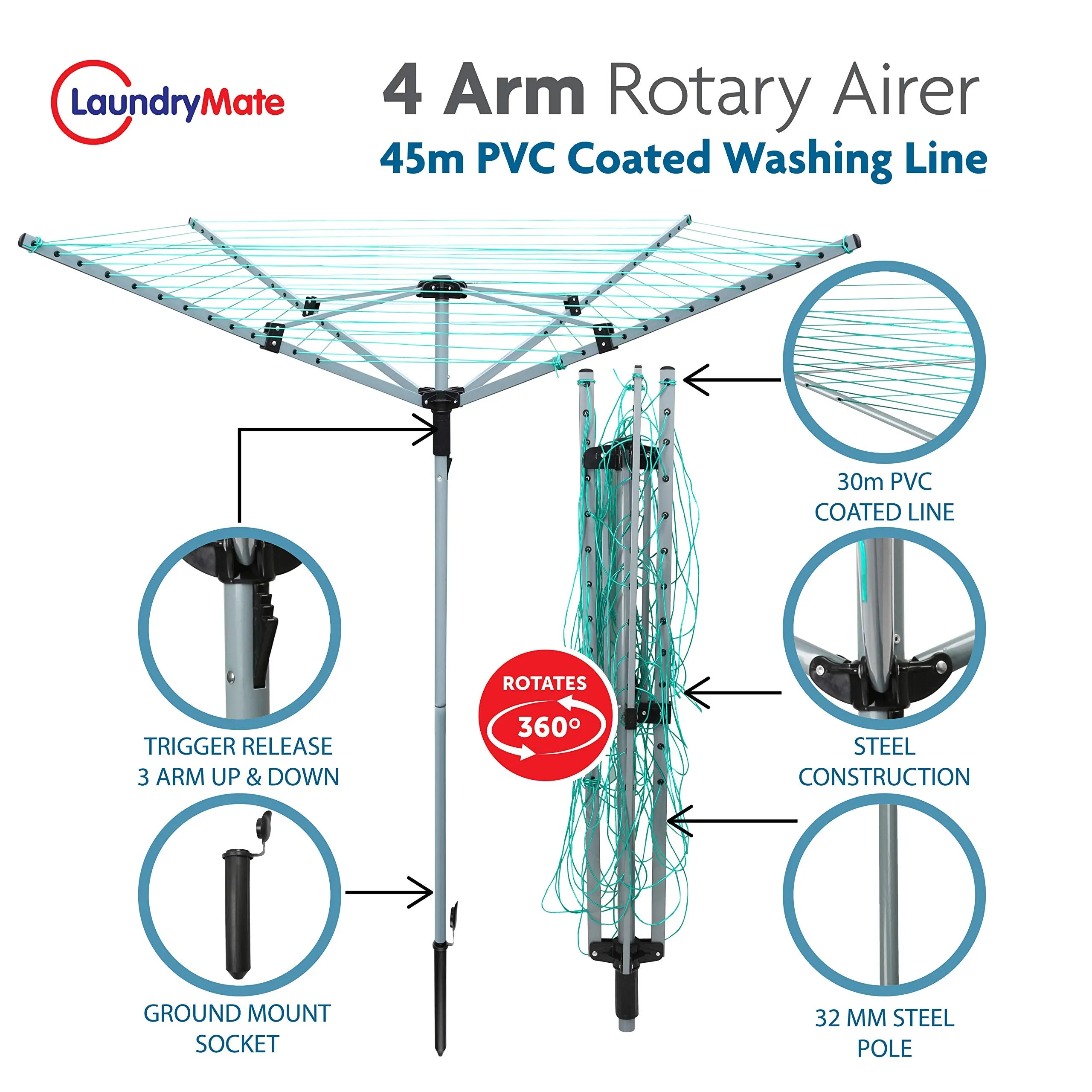 Laundry Mate Rotary Clothing Airer - Folding Washing Line - Outdoor Clothes Drying Rack - Washing Line & Ground Spike - 360 Degree Rotary Top (40m, 4 Arm)