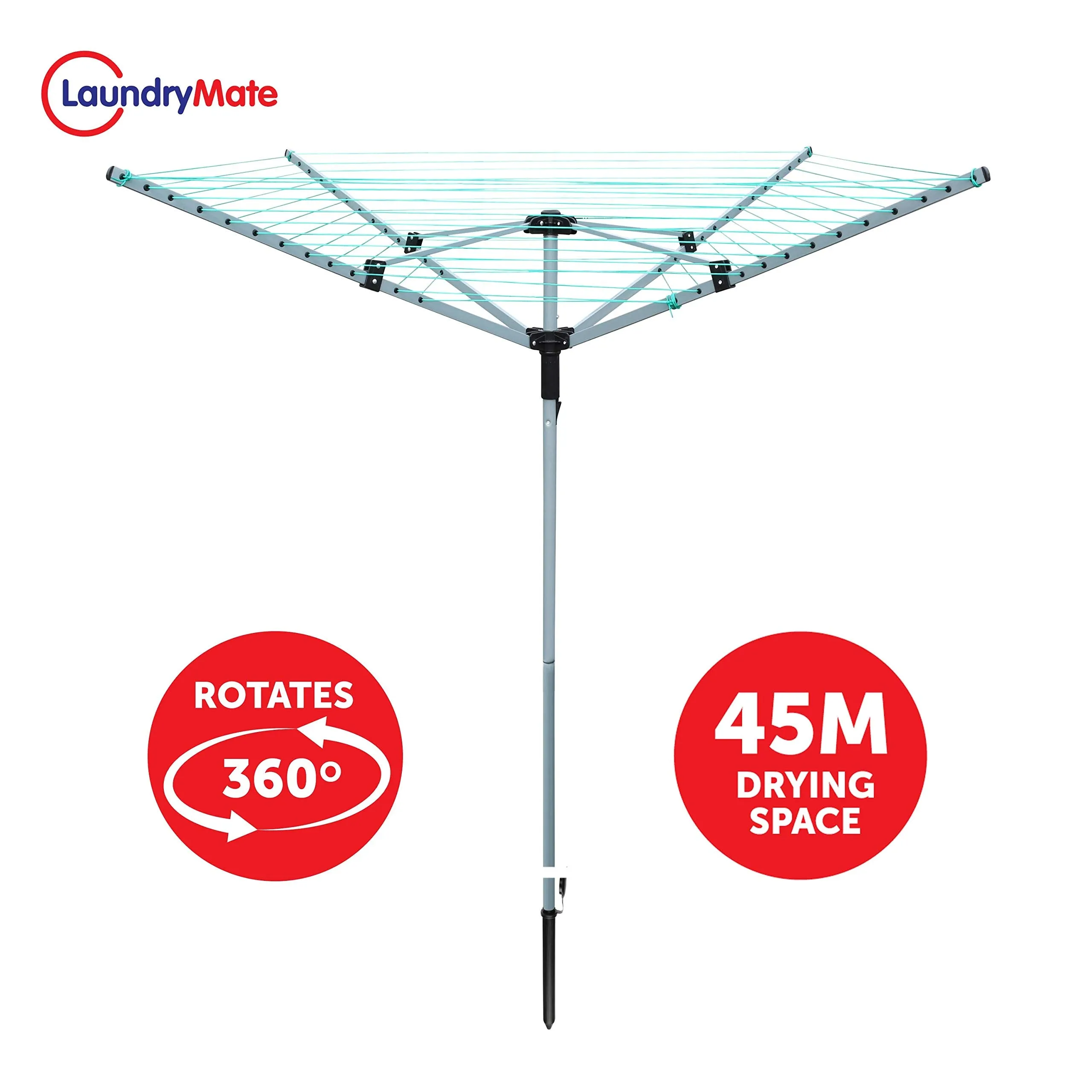 Laundry Mate Rotary Clothing Airer - Folding Washing Line - Outdoor Clothes Drying Rack - Washing Line & Ground Spike - 360 Degree Rotary Top (40m, 4 Arm)