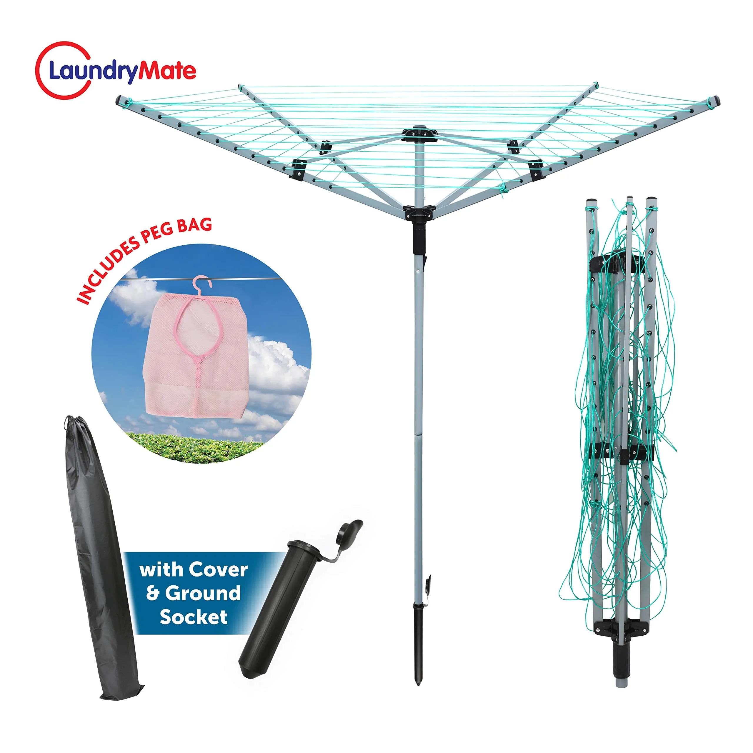 Laundry Mate Rotary Clothing Airer - Folding Washing Line - Outdoor Clothes Drying Rack - Washing Line & Ground Spike - 360 Degree Rotary Top (40m, 4 Arm)