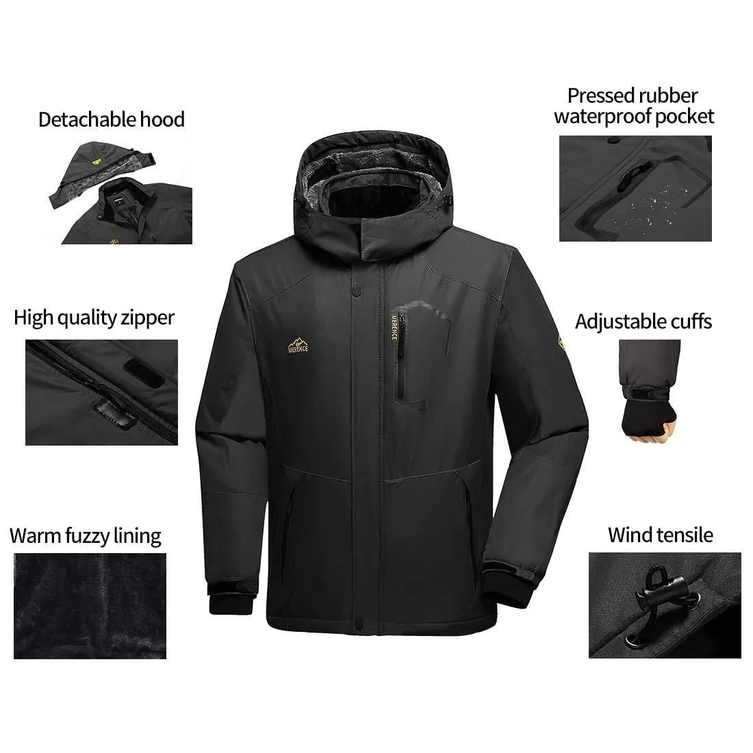 Men's Mountain Waterproof Ski Jacket Windproof Rain Jacket U419WCFY028,Black,L