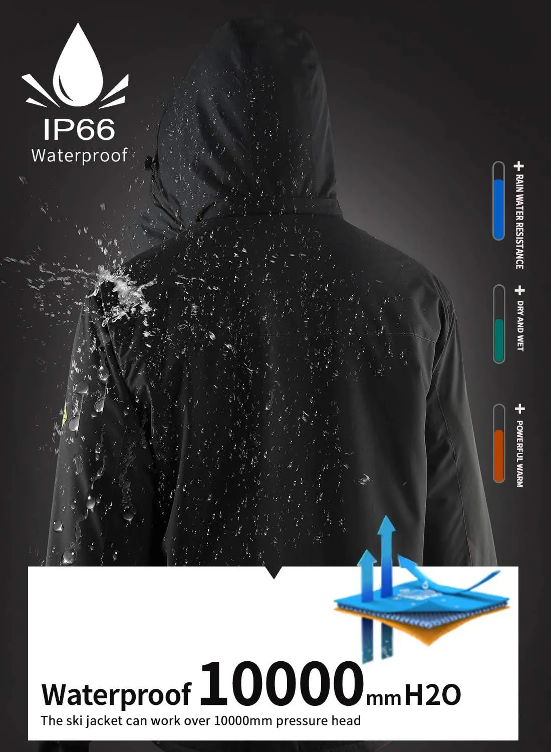 Men's Mountain Waterproof Ski Jacket Windproof Rain Jacket U419WCFY028,Black,L