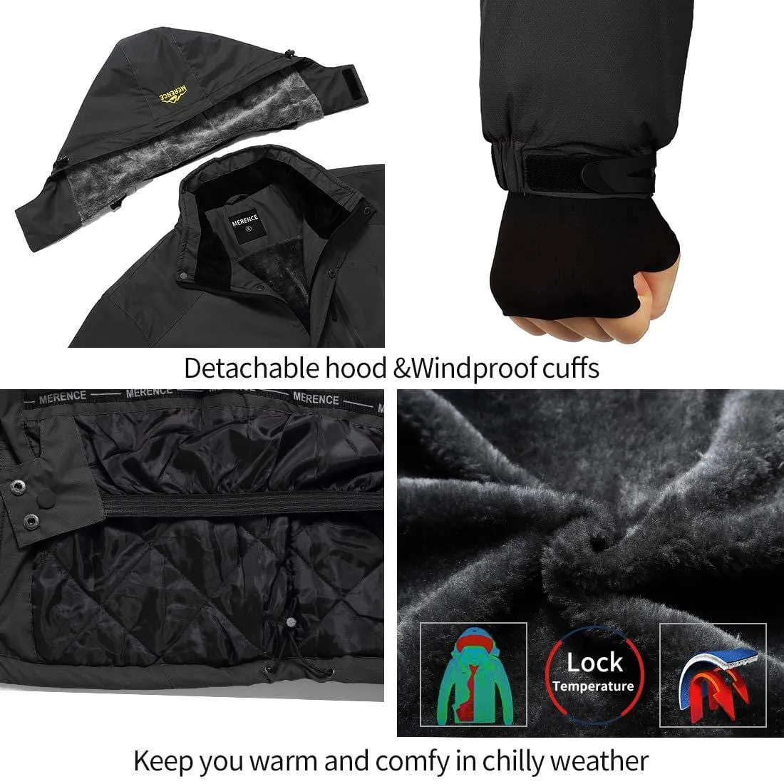 Men's Mountain Waterproof Ski Jacket Windproof Rain Jacket U419WCFY028,Black,L