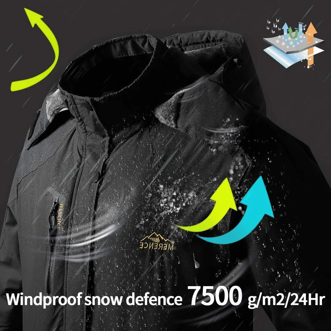 Men's Mountain Waterproof Ski Jacket Windproof Rain Jacket U419WCFY028,Black,L