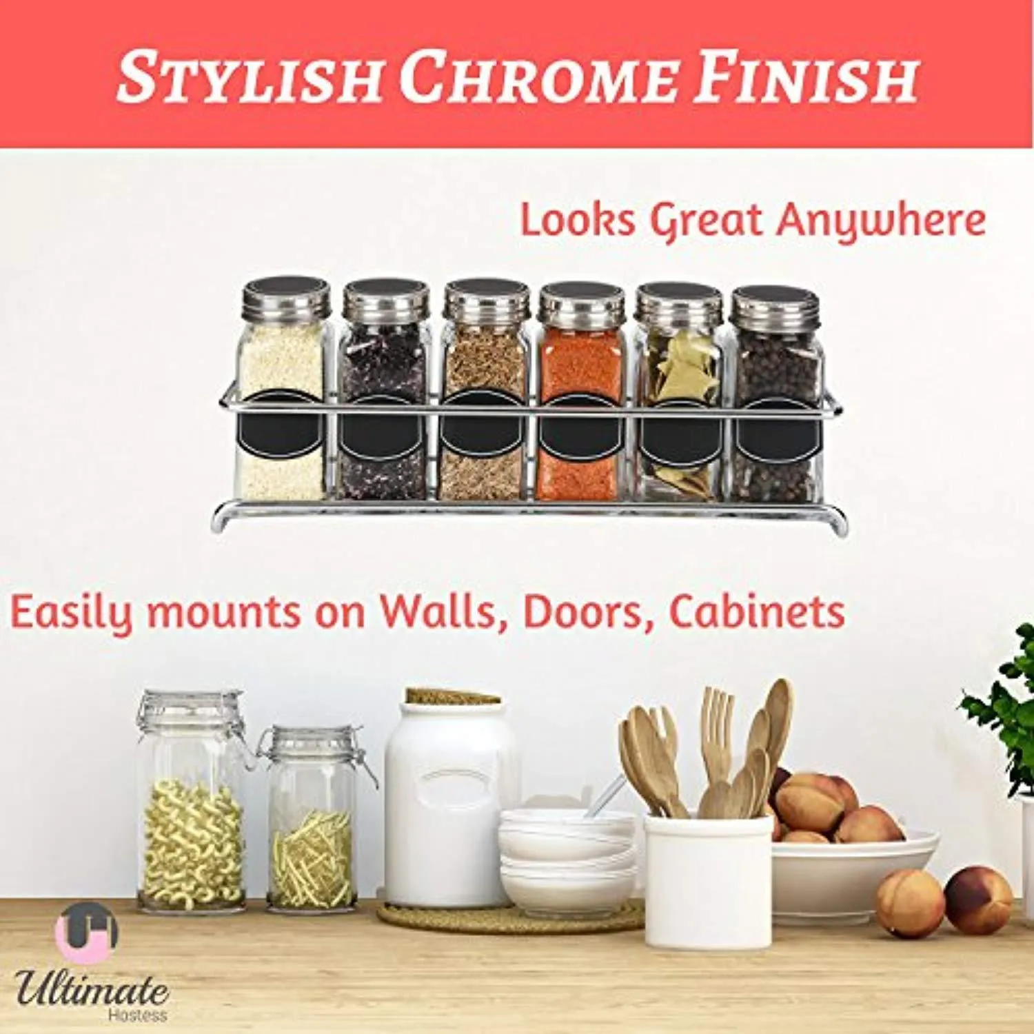 Spice Rack Organizer for Cabinet, Door Mount, or Wall Mounted - Set of 4 Chrome Tiered Hanging Shelf for Spice Jars - Storage in Cupboard, Kitchen or Pantry - Display bottles on shelves, in cabinets