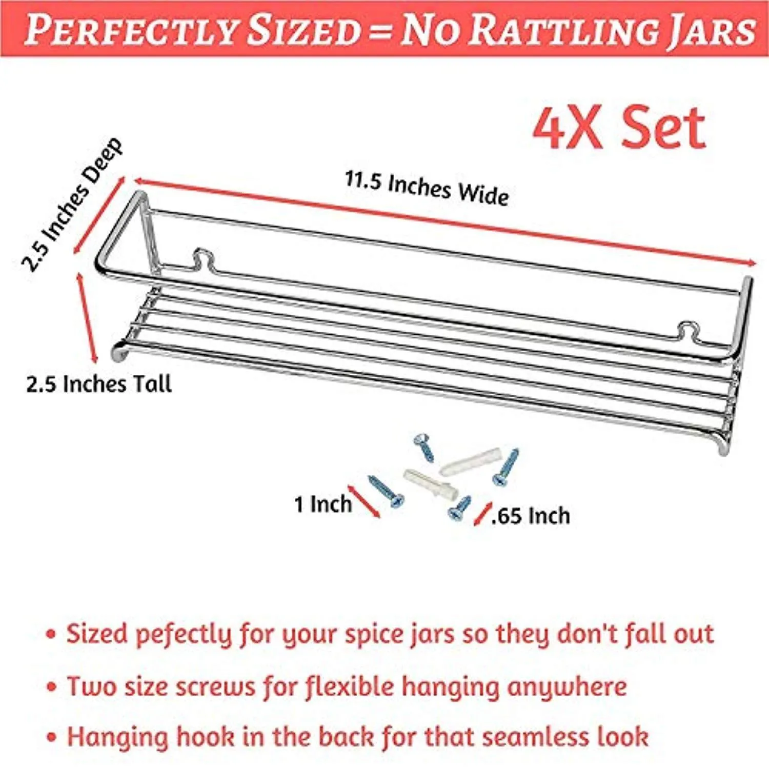 Spice Rack Organizer for Cabinet, Door Mount, or Wall Mounted - Set of 4 Chrome Tiered Hanging Shelf for Spice Jars - Storage in Cupboard, Kitchen or Pantry - Display bottles on shelves, in cabinets