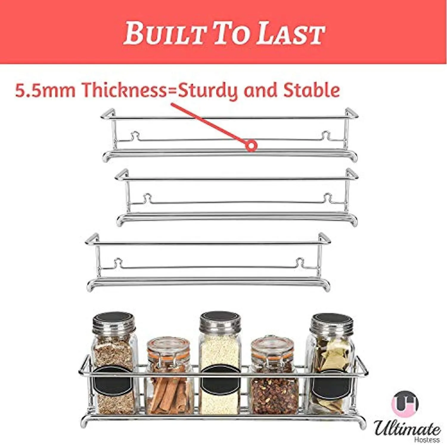 Spice Rack Organizer for Cabinet, Door Mount, or Wall Mounted - Set of 4 Chrome Tiered Hanging Shelf for Spice Jars - Storage in Cupboard, Kitchen or Pantry - Display bottles on shelves, in cabinets