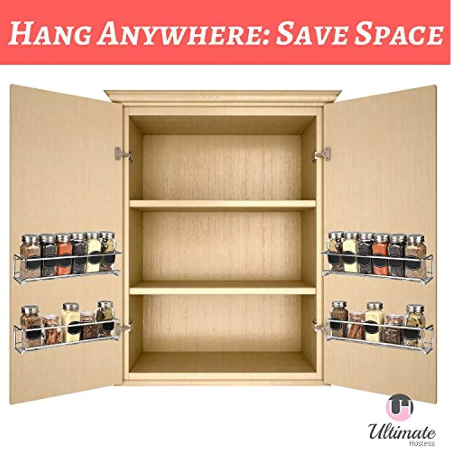 Spice Rack Organizer for Cabinet, Door Mount, or Wall Mounted - Set of 4 Chrome Tiered Hanging Shelf for Spice Jars - Storage in Cupboard, Kitchen or Pantry - Display bottles on shelves, in cabinets