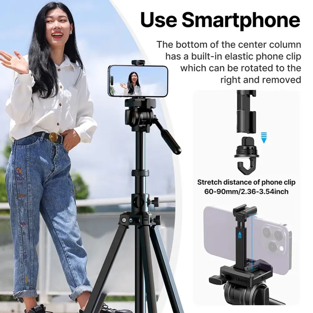 Ulanzi MT-65 Professional Horizontal Tripod with 360° Integrated Ball Head, Built-In Phone Clip, Vertical and Center Shaft Inverted Shooting Mode, 57cm to 175cm Adjustable Height for Smartphones, DSLR, SLR, Mirrorless Cameras | 3336