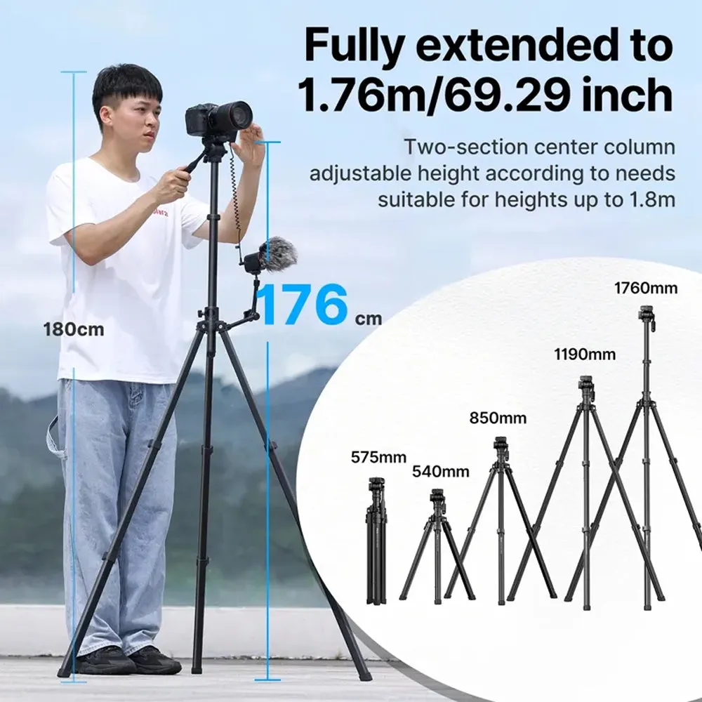 Ulanzi MT-65 Professional Horizontal Tripod with 360° Integrated Ball Head, Built-In Phone Clip, Vertical and Center Shaft Inverted Shooting Mode, 57cm to 175cm Adjustable Height for Smartphones, DSLR, SLR, Mirrorless Cameras | 3336