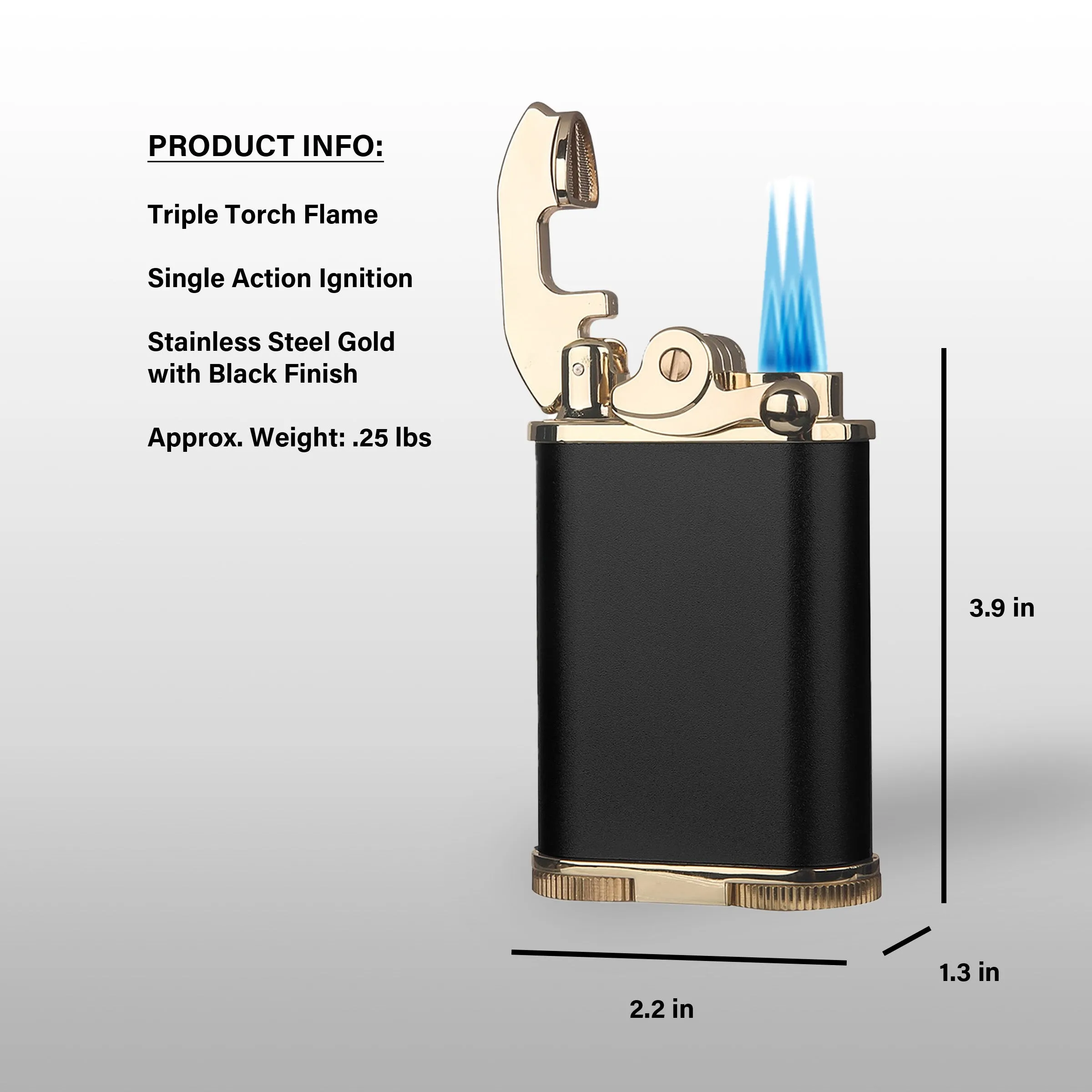 Visol Retro Butane Torch Lighter Triple Flame Refillable Gas Lighter, Built-in Cutter, Detachable Poker and Windproof Adjustable Flame Lighter - Black & Gold