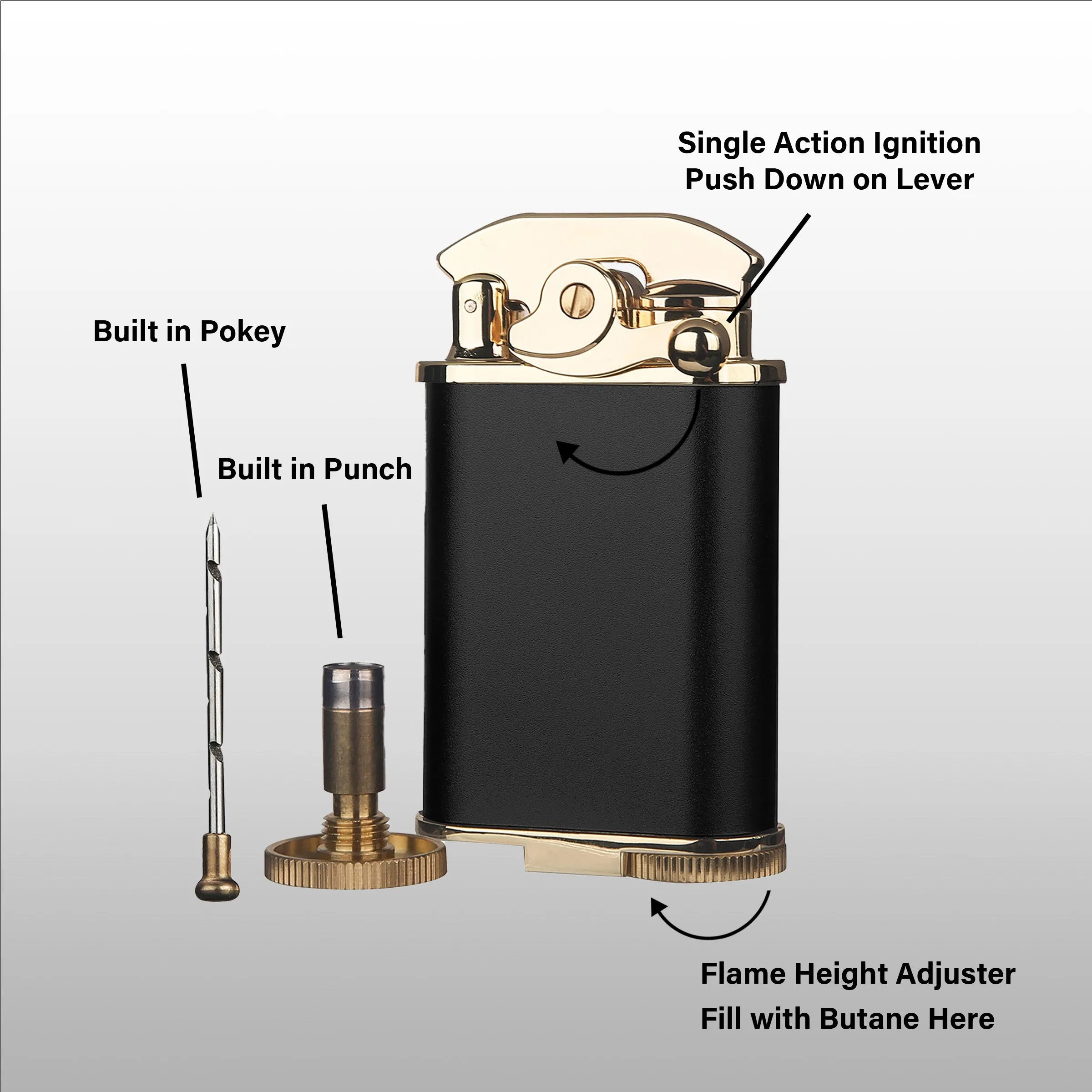 Visol Retro Butane Torch Lighter Triple Flame Refillable Gas Lighter, Built-in Cutter, Detachable Poker and Windproof Adjustable Flame Lighter - Black & Gold