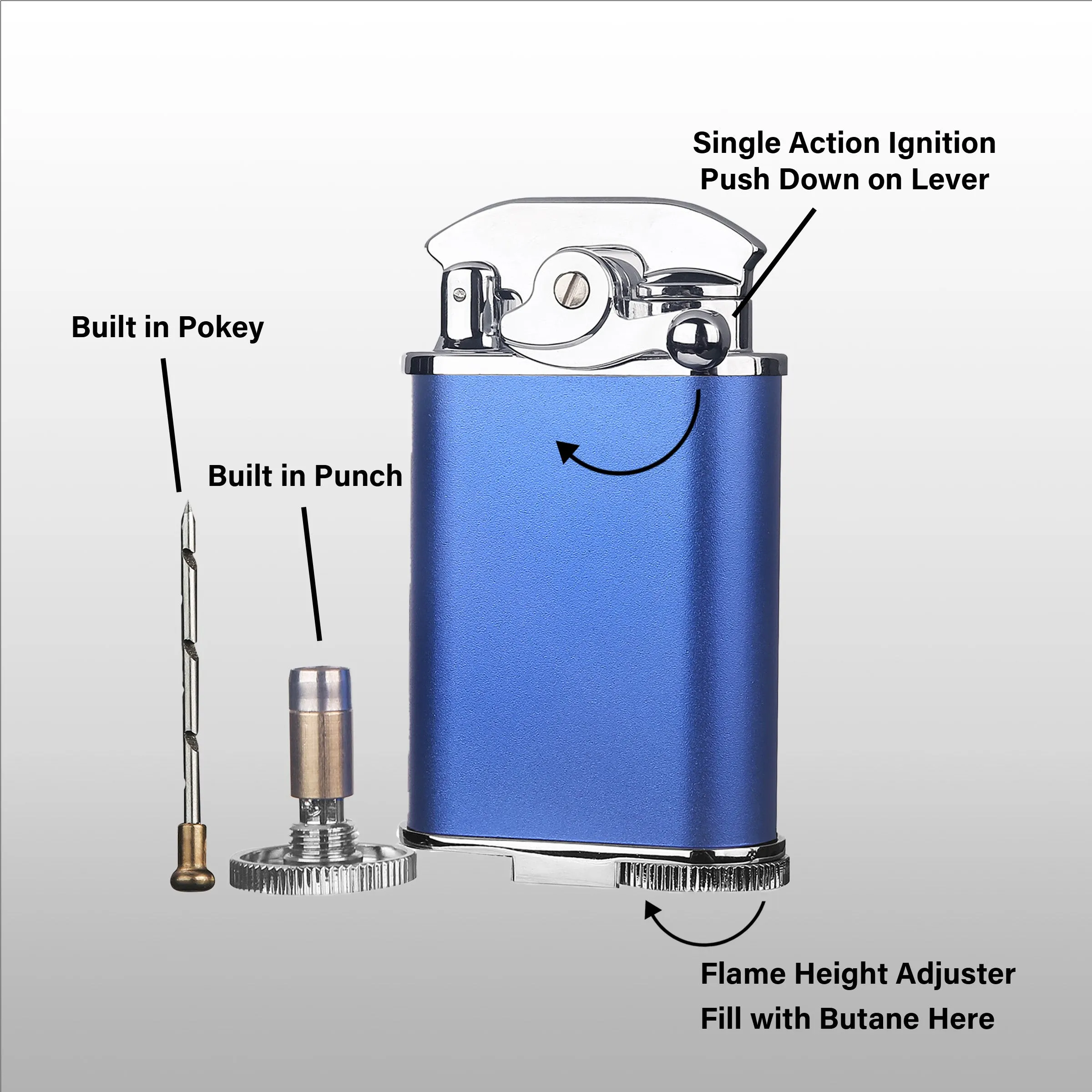 Visol Retro Butane Torch Lighter Triple Flame Refillable Gas Lighter, Built-in Cutter, Detachable Poker and Windproof Adjustable Flame Lighter - Blue & Chrome