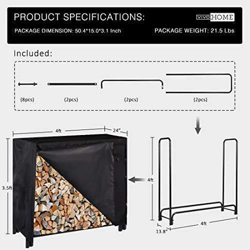 VIVOHOME 4ft Heavy Duty Indoor Outdoor Firewood Storage Log Rack with Cover Combo Set Black