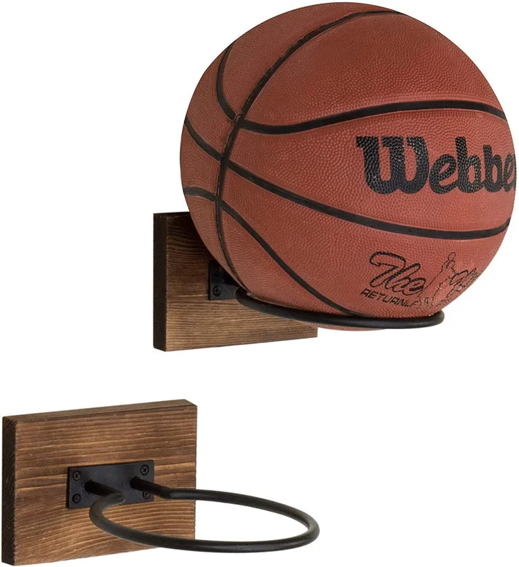 Wood & Metal Sport Ball Storage Rack & Wall-Mounted Sporting Equipment Display Holder, Set of 2